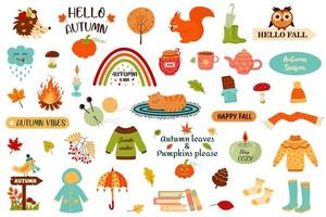 Big autumn set. Hand drawn elements - quotes, fall leaves, forest animals, cozy things. vector