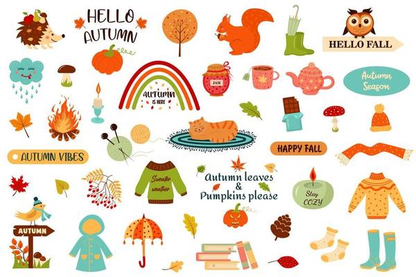 Big autumn set. Hand drawn elements - quotes, fall leaves, forest animals, cozy things.