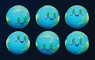 Cute and adorable 3d Earth with dollar symbols emoji character emoticons vector set. 3d cartoon Earth icons. EPS10