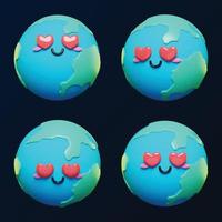 Conjunto de vectores de emoticonos de personajes emoji de tierra lindos y adorables en 3d. Tierra de dibujos animados en 3D con iconos de emoticonos de ojos de amor.