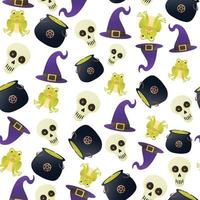 Spooky halloween elements seamless pattern on white background with cauldron, skull, frog and witch hat vector