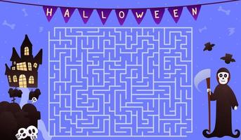 Puzzle with cute reaper, help to find right way to spooky house, halloween themed maze game for worksheet vector