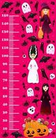 Halloween growth chart for kids with witch, vampire characters and pumpkins with ghosts on pink background, colourful printable height meter in cartoon style vector