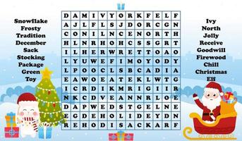 Christmas worksheet with word search game with santa claus and bunny, printable riddle for kids for winter holidays in cartoon style vector
