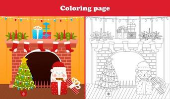 Cute christmas bunny hiding in gift box coloring page for kids, printable educational game, winter holidays vector