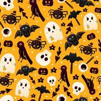 Colourful orange halloween seamless pattern for wrapping paper or textile with cute spider, crow and ghost characters, spooky oranate for monster party in cartoon style vector