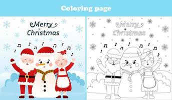 Santa Claus and Mrs Claus, snowman are singing carols coloring page for kids, printable worksheet for christmas themed children activity book vector