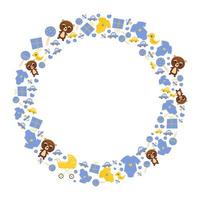 Baby items circle frame for baby shower invitation, its a boy party, newborn elements in blue colours vector