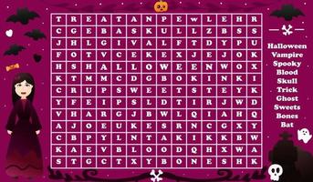 Word seach game for kids with cute vampire character for halloween party, spooky riddle for worksheet or children books with skulls, bats and tombs in cartoon style on dark background