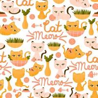 Seamless pattern with red and light beige cat in differenet poses with fish or clew, house palnts and cat meow lettering vector