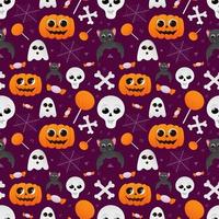 patrón transparente de Halloween con calabazas, fantasmas, murciélagos, calaveras y dulces para textiles, estampados, papel de regalo de vacaciones, fiesta de truco o trato vector