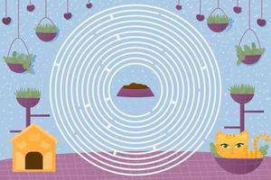 Circle maze with cute cat character, help to find way to food, colourful riddle for children books and worksheet vector