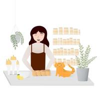 chica haciendo velas, gato sentado en la mesa, ingredientes para velas hechas a mano - aceites, cera, hierbas, pasatiempo interesante, concepto vectorial para clases o cursos en línea, taller encantador vector