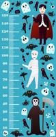 Halloween height chart for kids with cute monster characters - vampire, mummy and death, colourful spooky growth meter for children in cartoon style vector