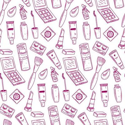 Make up doodle pattern with lipstick, cream, mascara, shades, brushes. Make up and cosmetic vector background. Beauty make up fashion doodle seamless pattern