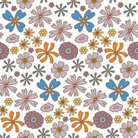 Groovy retro boho flor de patrones sin fisuras, papel digital vintage de los años 70. fondo de flores dibujadas a mano para tela, textil, papelería, papel tapiz vector