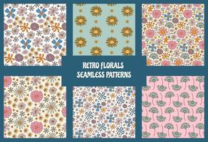 Groovy flowers seamless pattern collection. Trendy floral background set of vintage 70s style flower illustration. Flat Design, Hippie Aesthetic. Vector Illustration