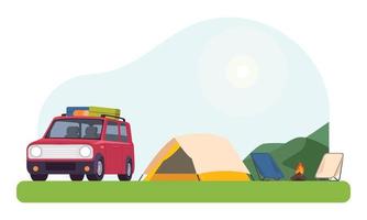 Cars, tents, campfires and outdoor picnic equipment settled in the forest Travel and camping adventures vector