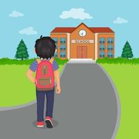 vista trasera de un lindo estudiante con mochila caminando yendo a la escuela vector