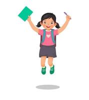 Happy little girl student with backpack holding book and pen jumping feeling excited to be back to school vector