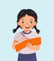 Cute little girl student holding pen and notebook writing making note vector