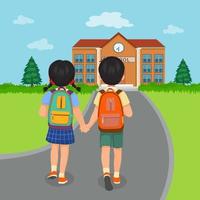 back view of little kids students with backpacks holding hands walking to school together vector