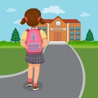 back view of cute little girl student with backpack walking going to school
