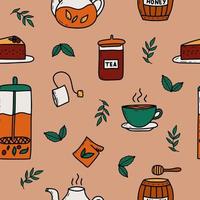 Tea drinking theme doodles vector seamless pattern background