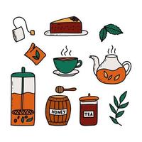 Tea drinking theme doodles vector isolated illustration set