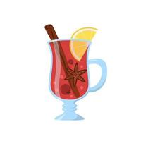 Mulled Wine Drink in Irish Coffee Glass with Cinnamon Stick, Lemon Slice and Star Anise vector