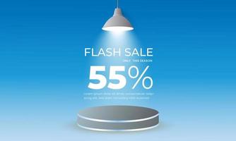 venta flash con fondo de 55 por ciento de descuento con luces encendidas y podio vector