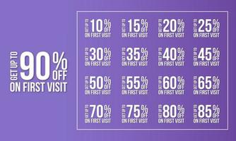 Set of number special discount get up to on first visit 10, 20, 30, 40, 50, 60, 70, 80, 90 percent off vector