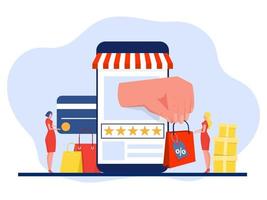 compras en línea, compras de aplicaciones móviles y personas compran regalos pagos en línea, ilustración de tendencia plana para revistas, sitio web y vector de banner de aplicación