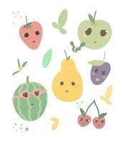 conjunto de personajes de frutas dibujados a mano de dibujos animados. clipart frutas brillantes. ilustración para libros infantiles, afiches, pegatinas. vector