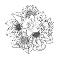 vector de contorno de flor de girasol y narciso de diseño de página de coloreado de arte de línea de estilo doodle