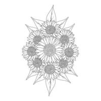 Dibujo a lápiz de página para colorear de girasol de diseño vectorial y flor floreciente de estilo de diseño de garabatos de arte lineal vector