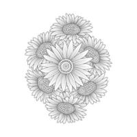 Dibujo a lápiz de página para colorear de girasol de diseño vectorial y flor floreciente de estilo de diseño de garabatos de arte lineal vector