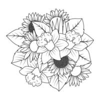 vector de contorno de flor de girasol y narciso de diseño de página de coloreado de arte de línea de estilo doodle