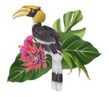 composizione tropicale con pittura a mano dell'acquerello dell'uccello