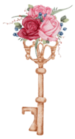 nyckel och blomma vintage akvarell, valentine akvarell png