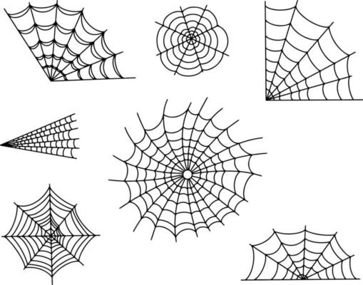 a set of scary cobwebs with spiders on a white background. Vector
