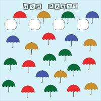 How many counting game with colorful  umbrella. Worksheet for preschool kids, kids activity sheet, printable worksheet vector