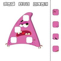 worksheet vector design, the task is to cut and glue a piece on bright monster.  Logic game for children.