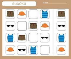 Sudoku game for children with   wild  clothes. Kids activity sheet . vector