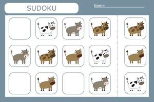 Sudoku game for children with   cows. Kids activity sheet . vector