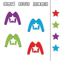 worksheet vector design, the task is to cut and glue a piece on   colorful longsleeves.  Logic game for children.