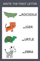 Find the first letter of the word  and connect. Educational game for children. vector