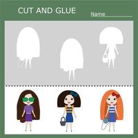 worksheet vector design, the task is to cut and glue a piece on  cute girls, dolls.  Logic game for children.