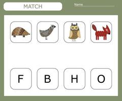 encuentra la primera letra de los animales del bosque y conéctate. juego educativo para niños. vector