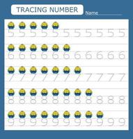 Numbers for kids. Worksheet for kindergarten and preschool. Training to write and count numbers with backpacks vector